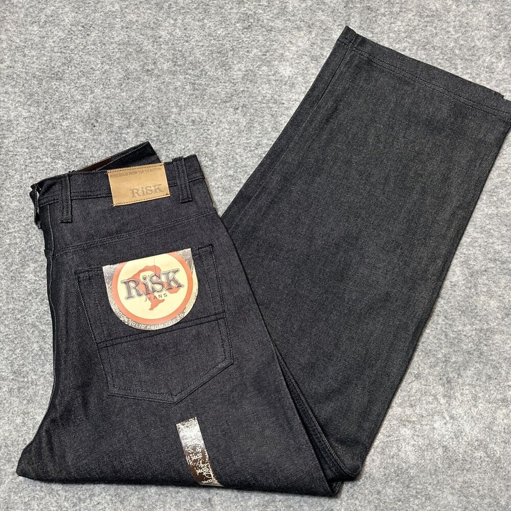 Vintage‎ New RISK Relaxed Straight Jeans Men's Size 34 Black Stitch Denim Rare